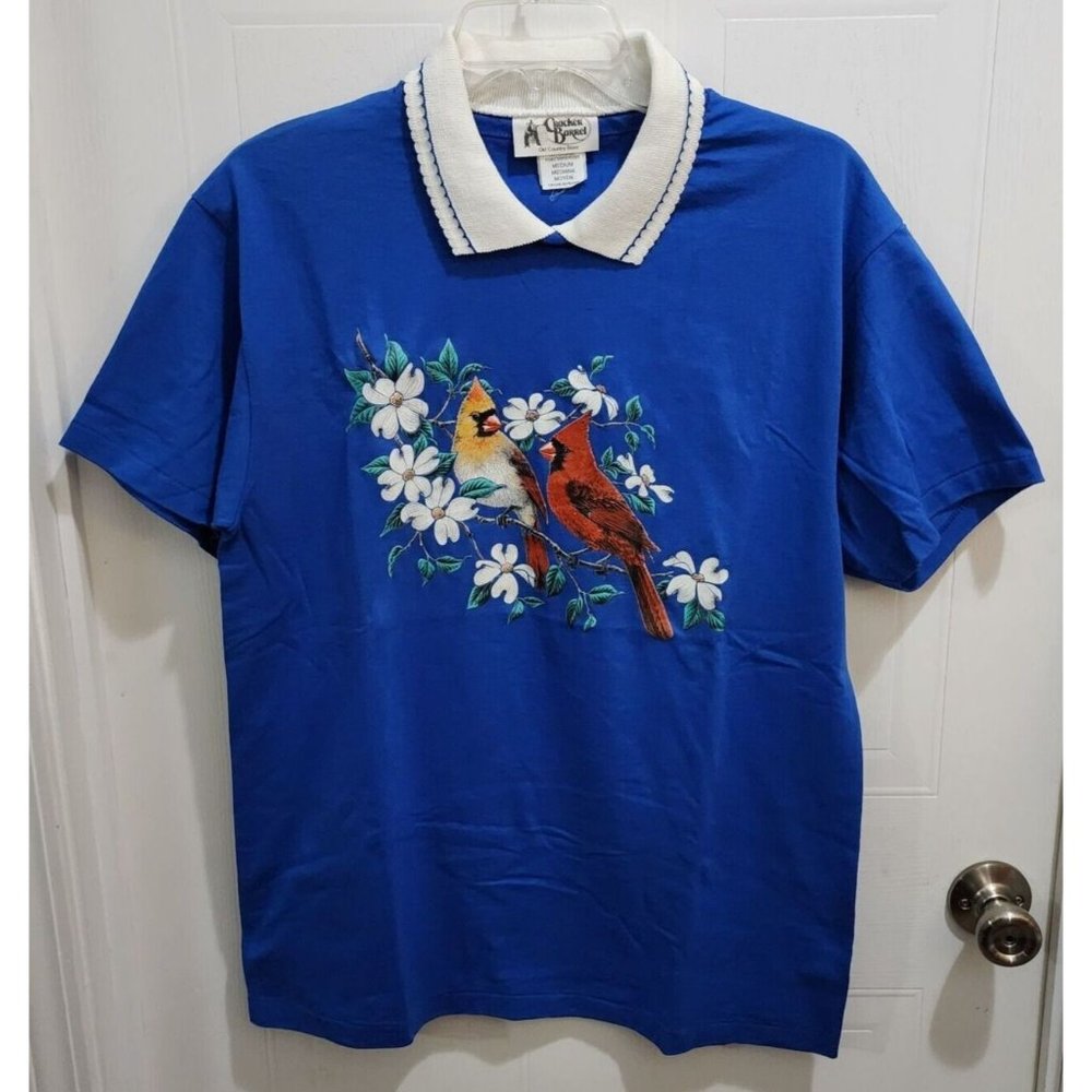 Vintage 90s Y2K Cracker Barrel Women's Short Sleeve Collared Top Birds Blue Sz M